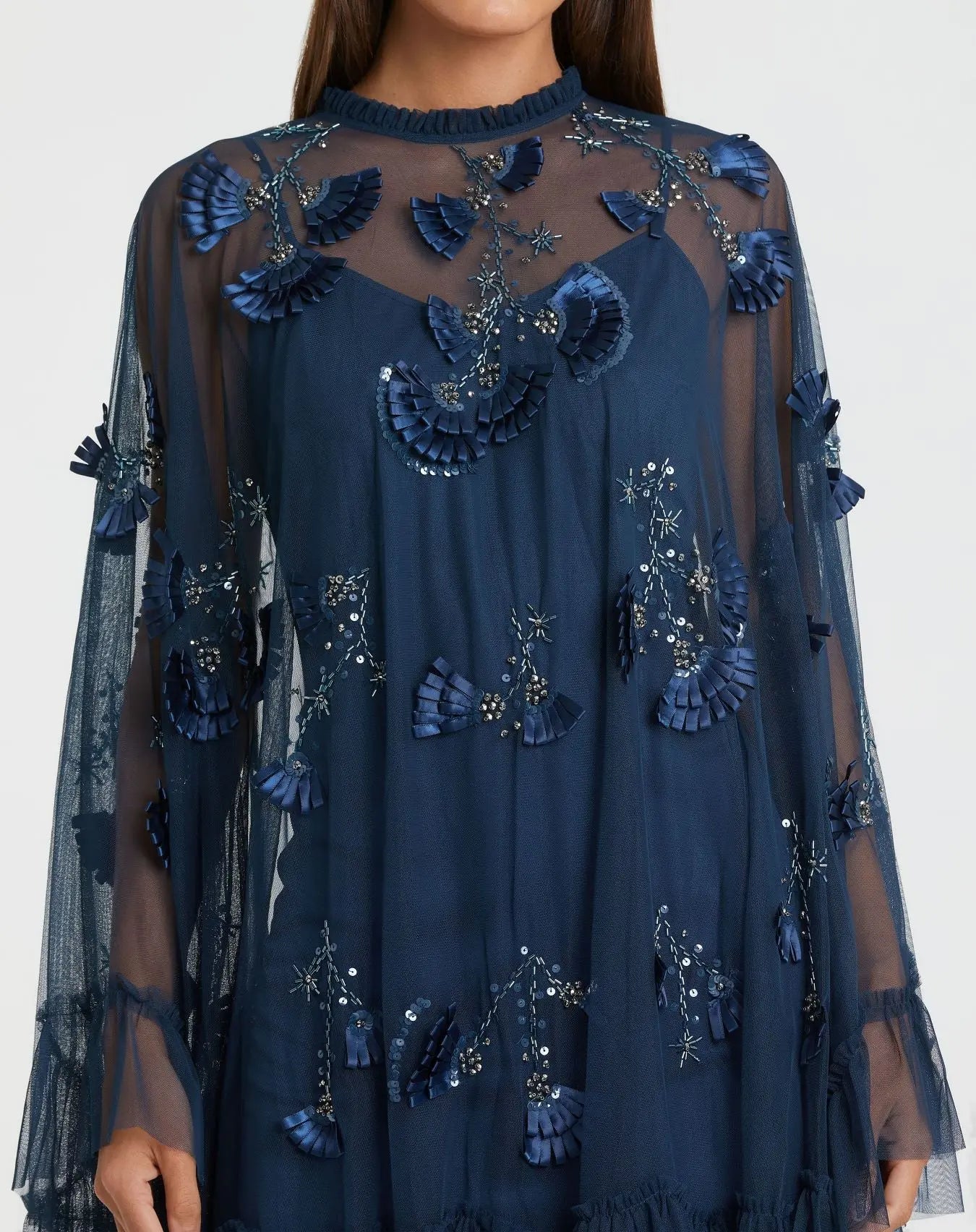 Mac Duggal #9257 Navy Embellished Long Sleeve Trapeze Dress Ruffle Hem close up