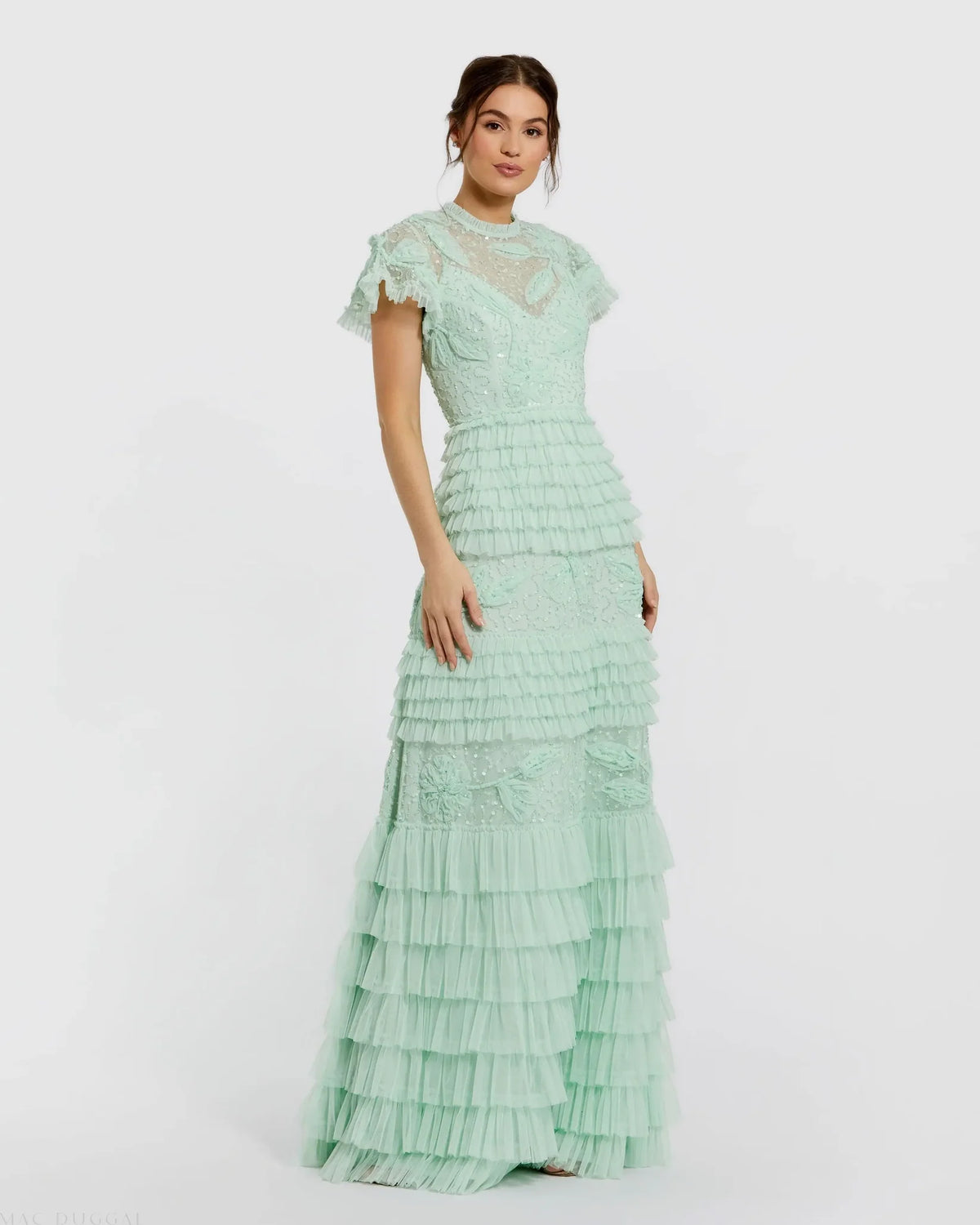 Mac Duggal Green Beaded Mesh High Neck Micro Ruffle Gown #9278 Sage
