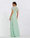 Beaded Mesh High Neck Micro Ruffle Gown - Sage
