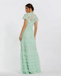 Beaded Mesh High Neck Micro Ruffle Gown - Sage