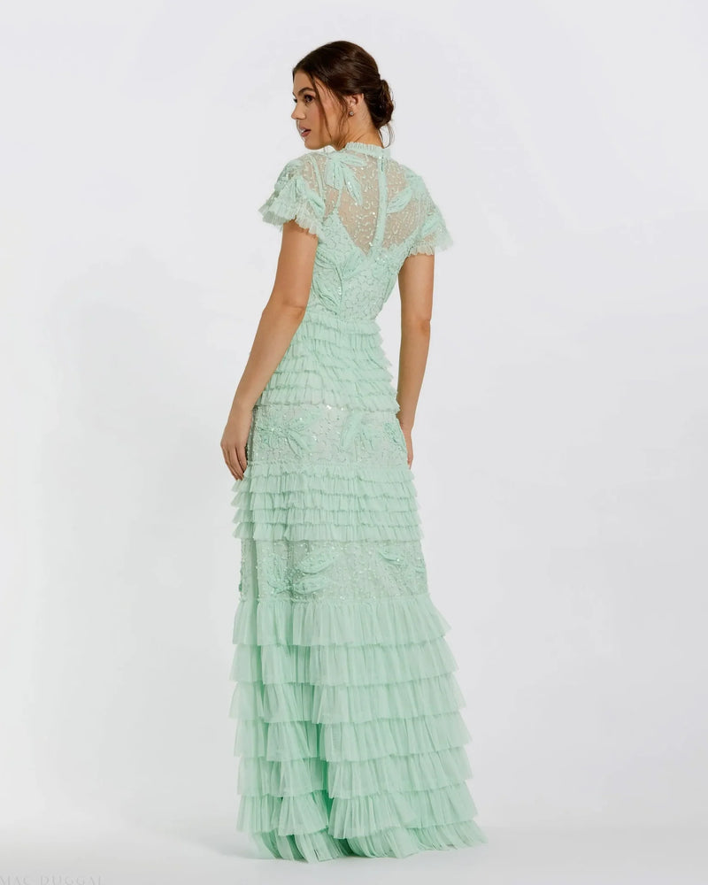 Beaded Mesh High Neck Micro Ruffle Gown - Sage