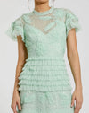 Beaded Mesh High Neck Micro Ruffle Gown - Sage
