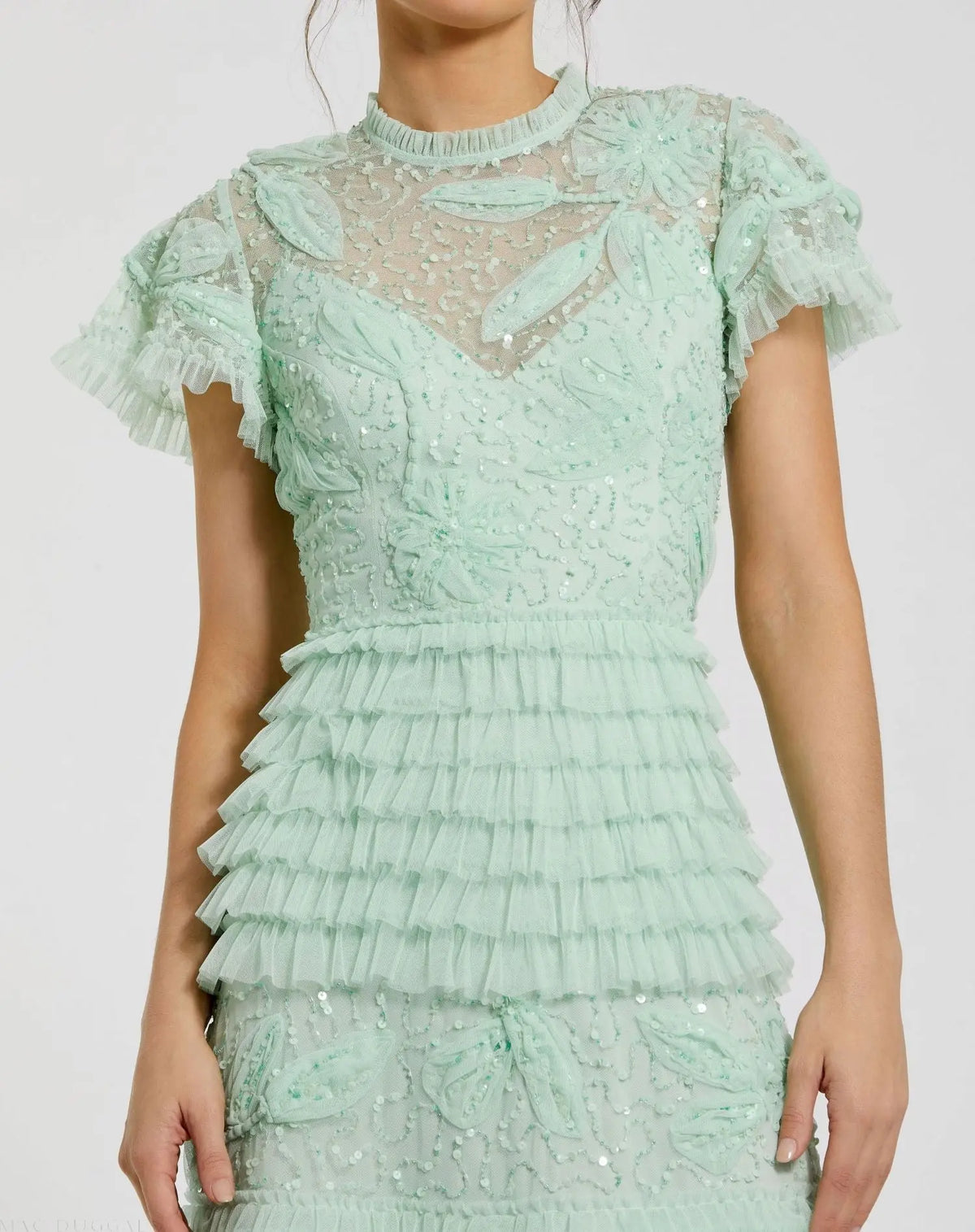 Beaded Mesh High Neck Micro Ruffle Gown - Sage