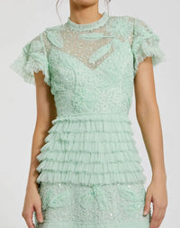 Beaded Mesh High Neck Micro Ruffle Gown - Sage
