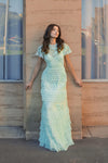 Beaded Mesh High Neck Micro Ruffle Gown - Sage