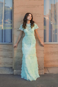 Beaded Mesh High Neck Micro Ruffle Gown - Sage