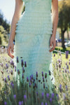 Beaded Mesh High Neck Micro Ruffle Gown - Sage