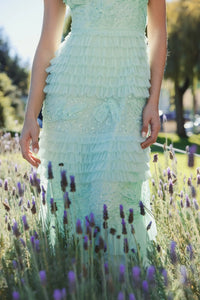 Beaded Mesh High Neck Micro Ruffle Gown - Sage