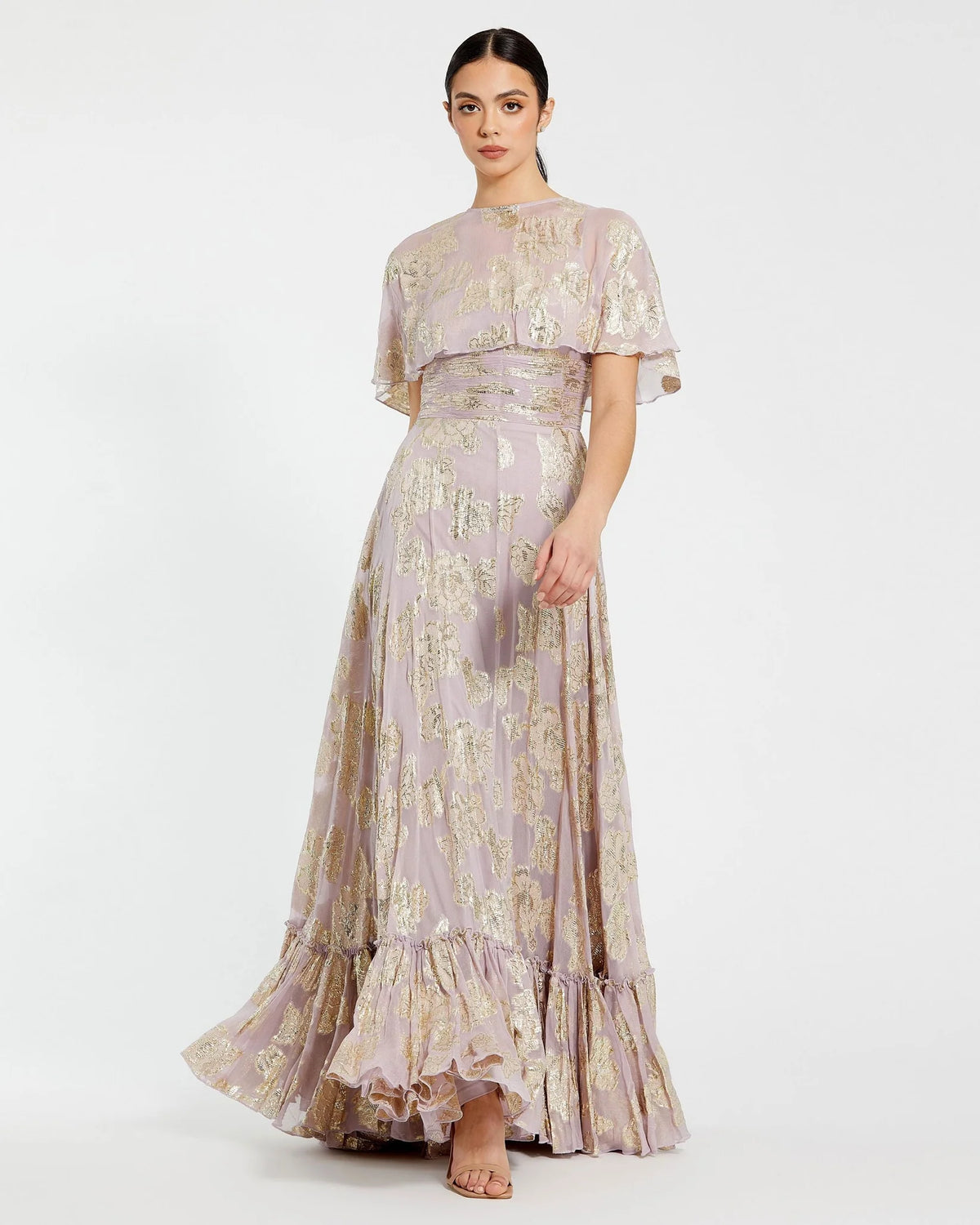 Mac Duggal Purple Cape Sleeve A Line Floral Chiffon Gown Vintage Lilac #9304