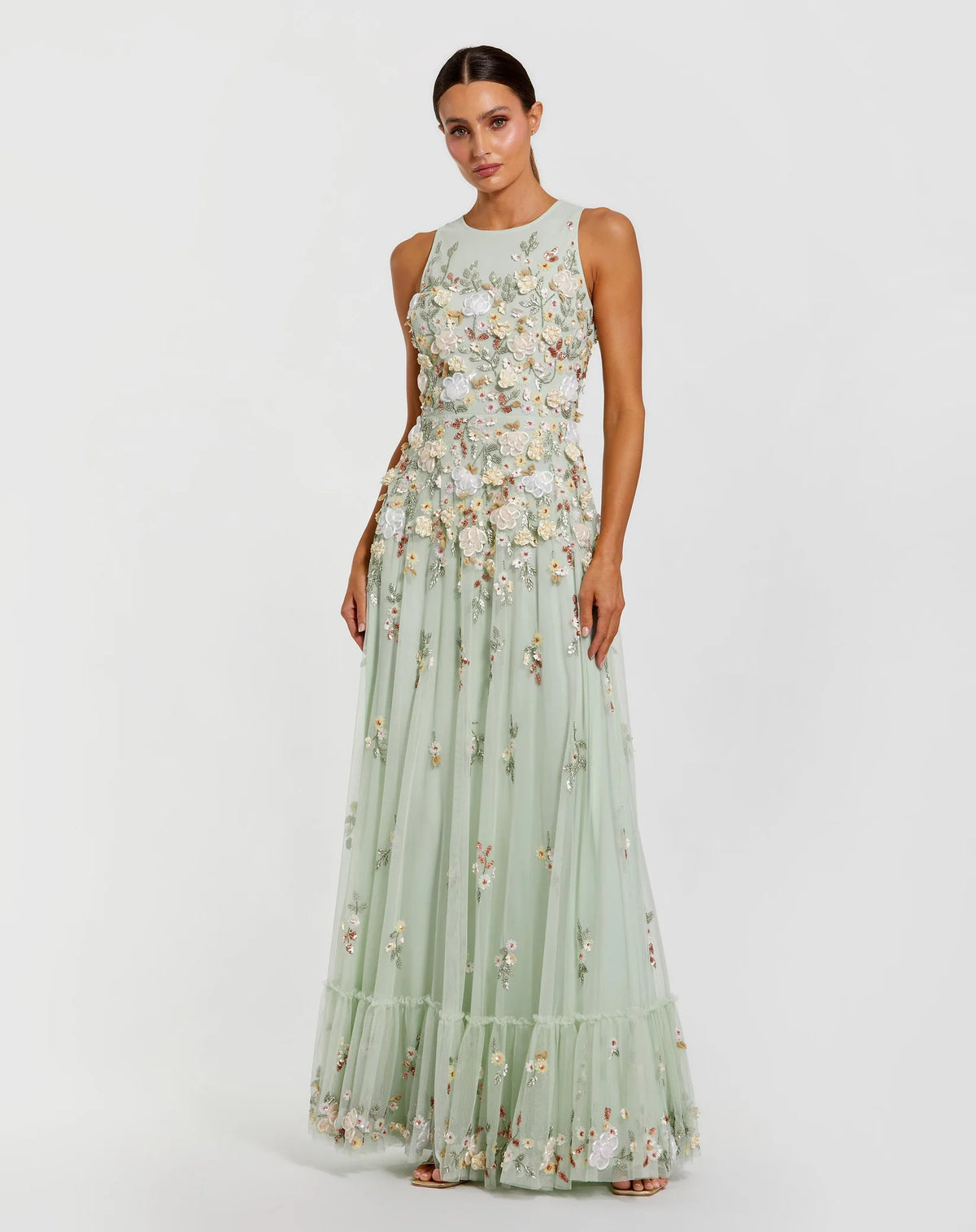 Mac Duggal Green Floral Embellished High Neck Sleeveless Gown Seafoam #9334