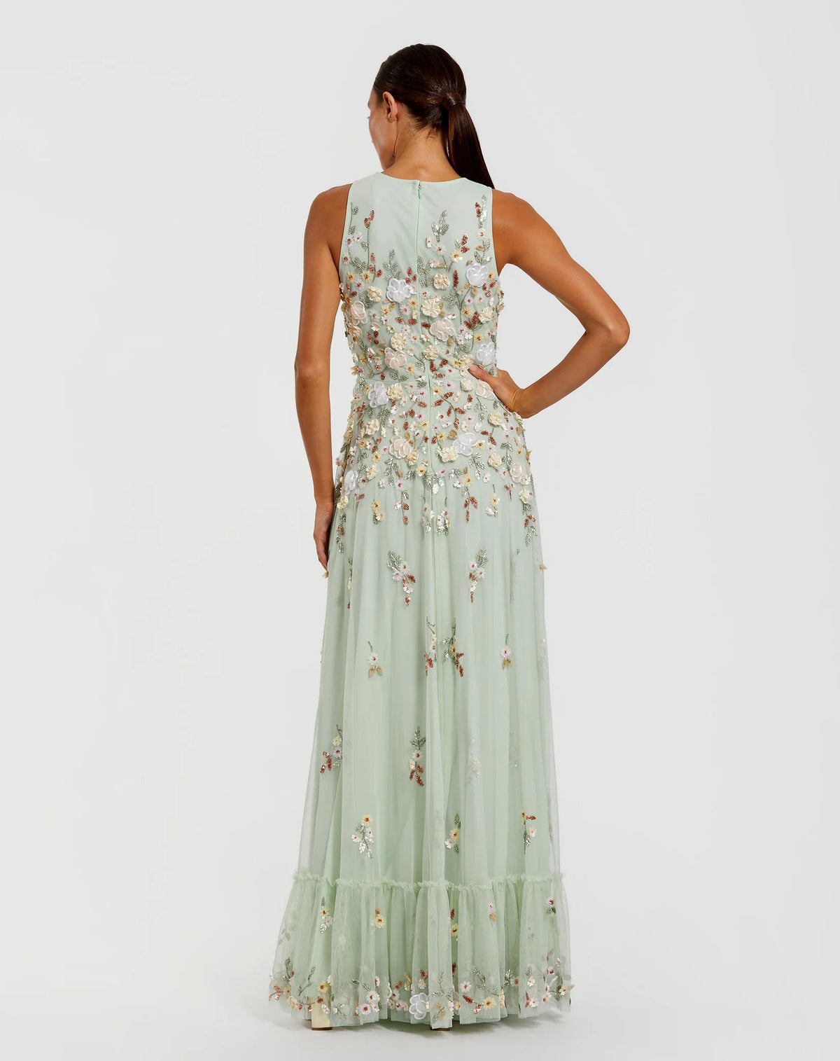 Mac Duggal Green Floral Embellished High Neck Sleeveless Gown Seafoam #9334
