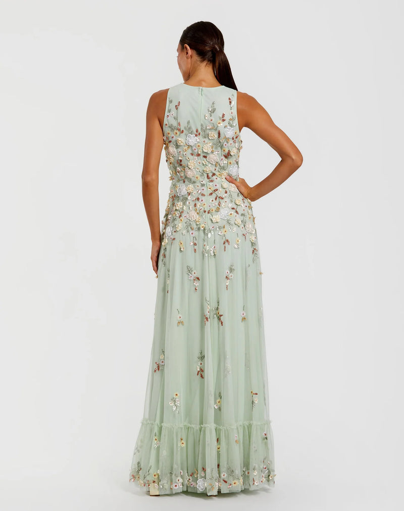 Mac Duggal Green Floral Embellished High Neck Sleeveless Gown Seafoam #9334