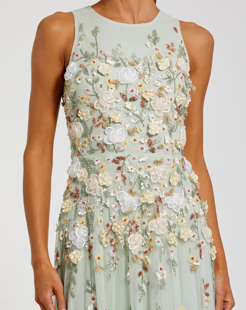 Mac Duggal Green Floral Embellished High Neck Sleeveless Gown Seafoam #9334