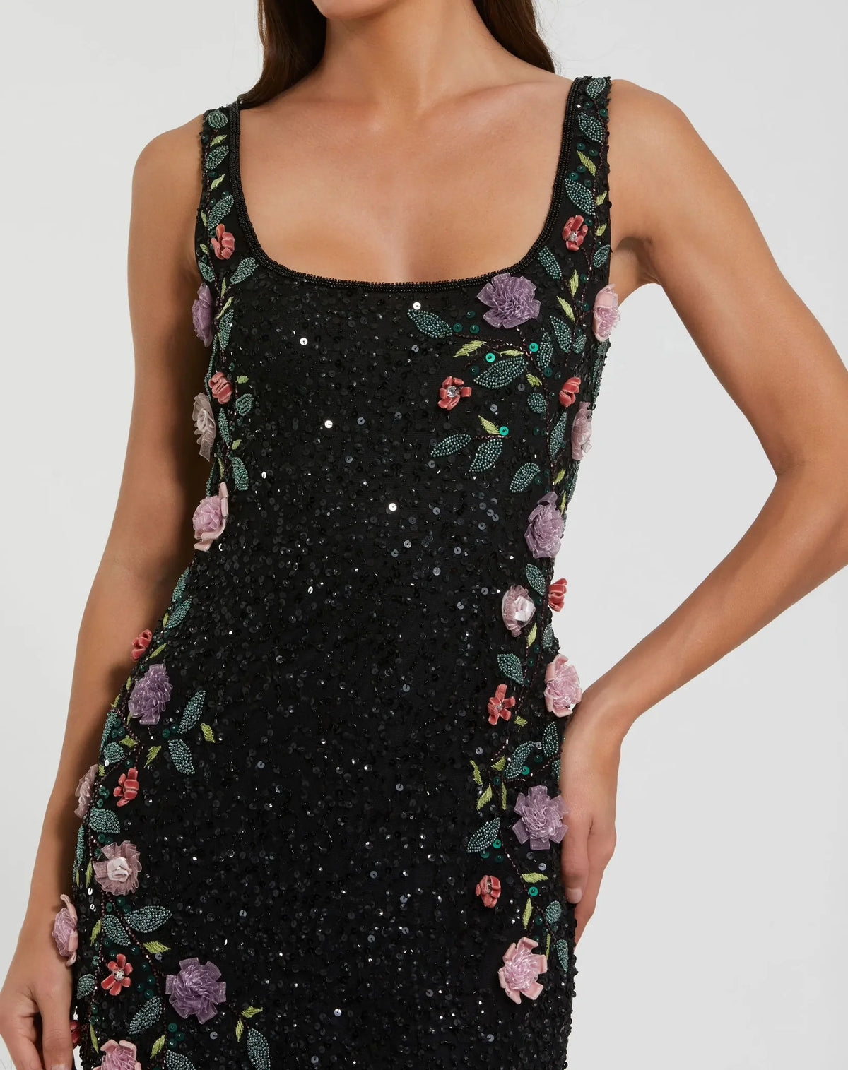 Mac Duggal #9340 Black Floral Beaded Mesh Scoop Neck Sleeveless Gown 