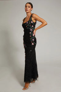 Mac Duggal #9340 Black Floral Beaded Mesh Scoop Neck Sleeveless Gown 