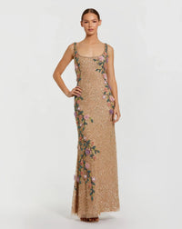 Gold beaded floral detail mesh scoop neck sleeveless gown