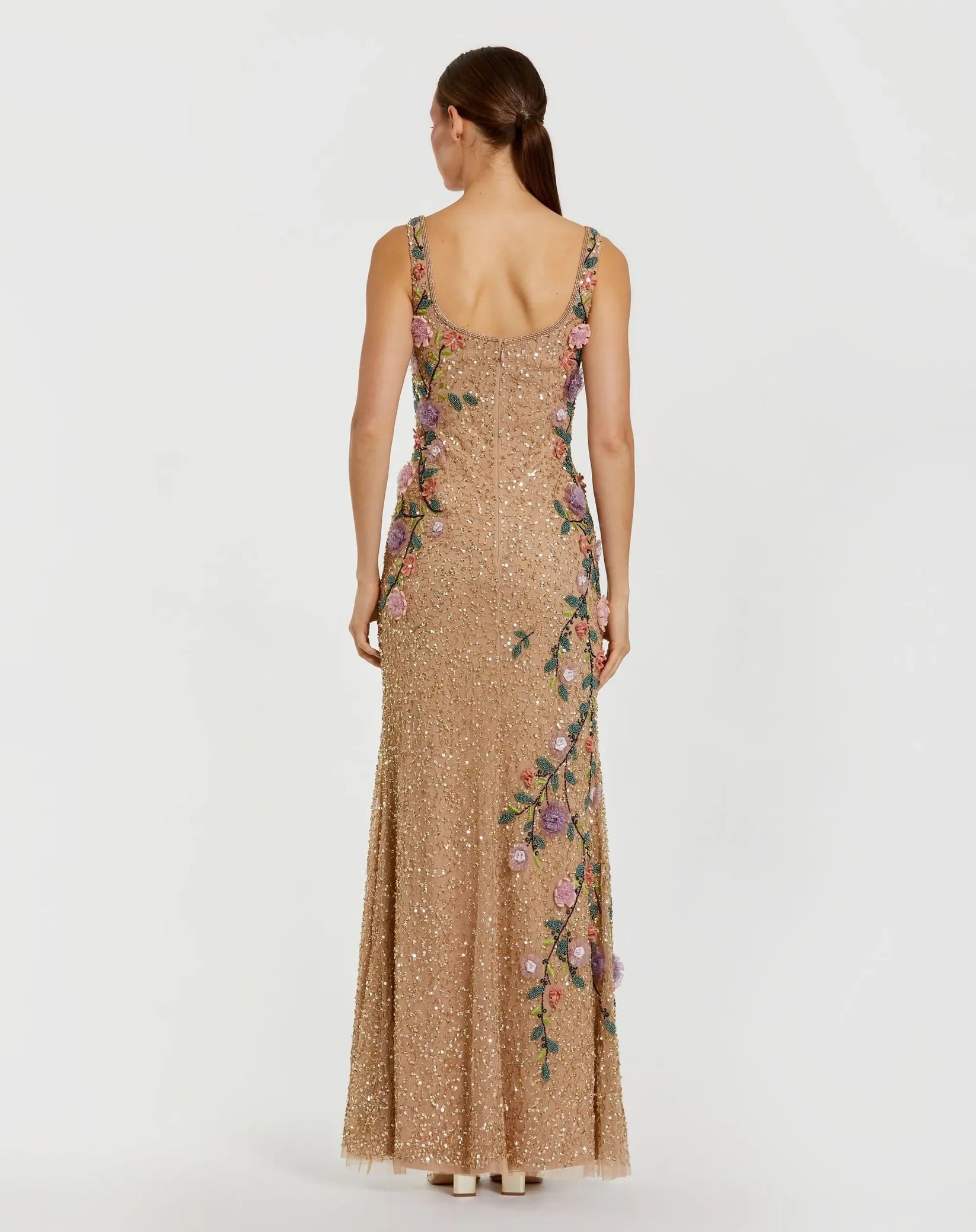 Gold beaded floral detail mesh scoop neck sleeveless gown