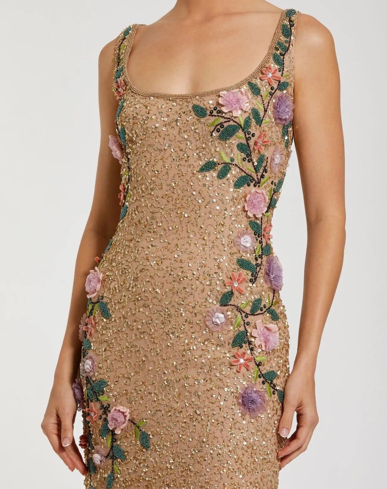Gold beaded floral detail mesh scoop neck sleeveless gown