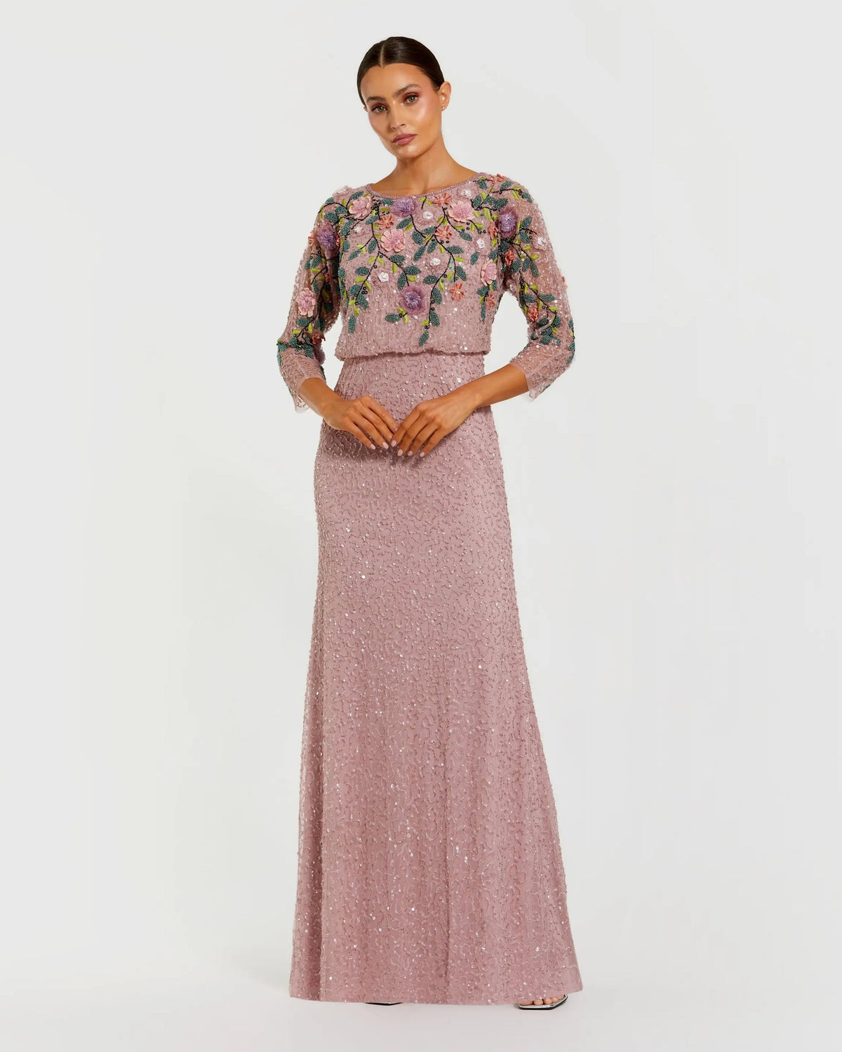 Mac Duggal Purple Floral Embellished Long Sleeve Gown #9341 Vintage Lilac Multi