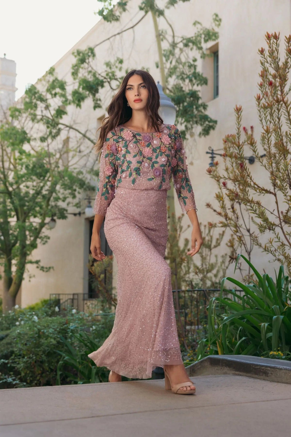 Mac Duggal Purple Floral Embellished Long Sleeve Gown #9341 Vintage Lilac Multi exotic flower gown