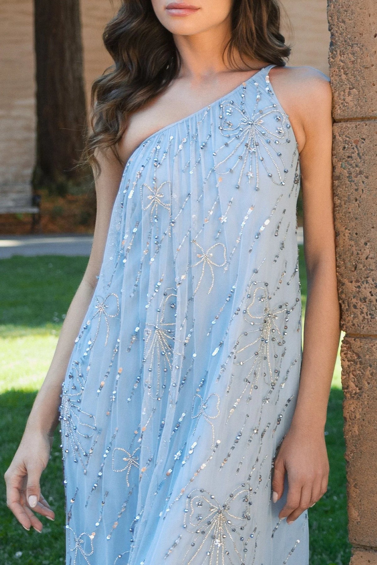 Bow Embellished Mesh One Shoulder High Low Gown - Powder Blue