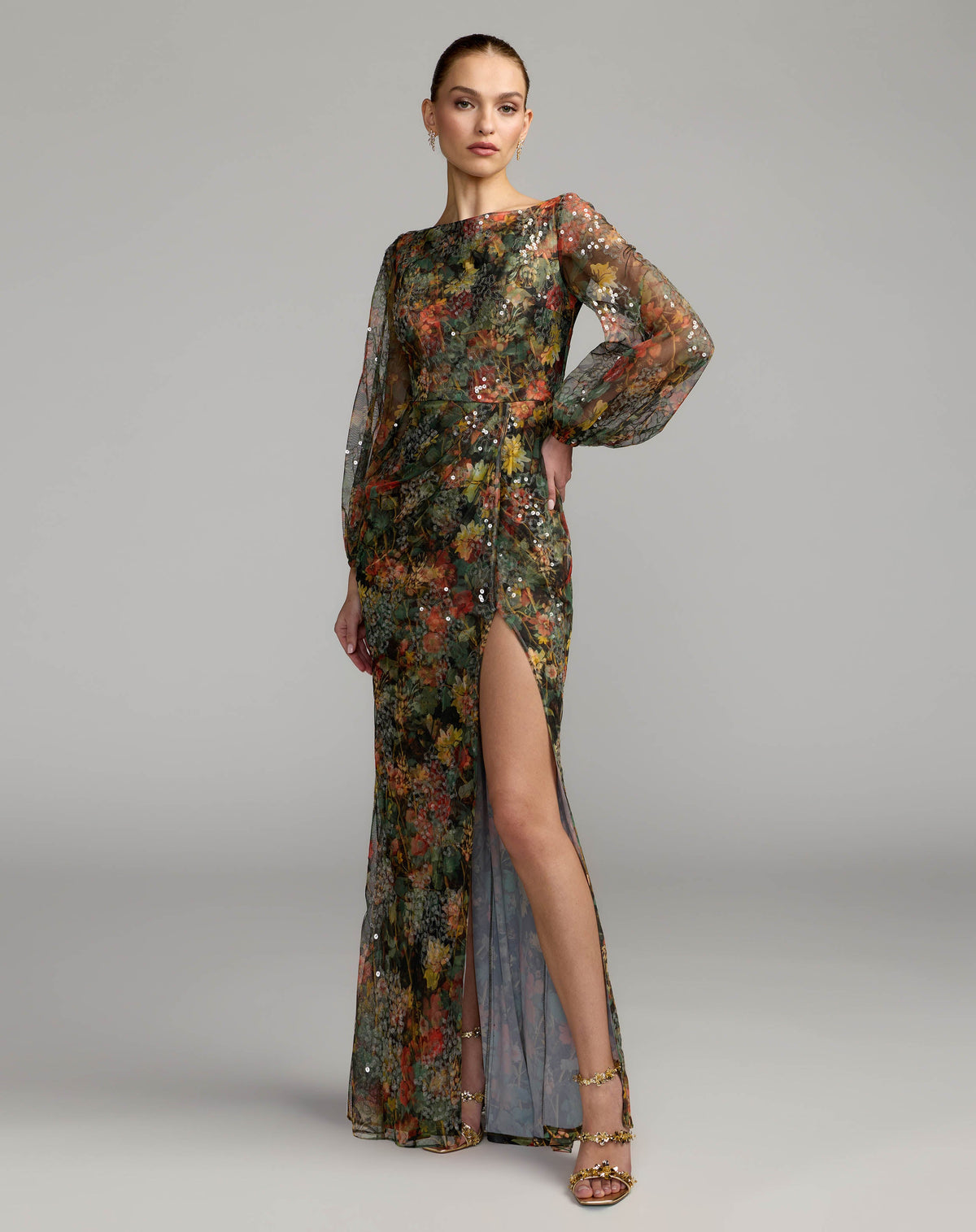 Mac Duggal 93547 charcoal multicolour floral sequined puff sleeve gown — front
