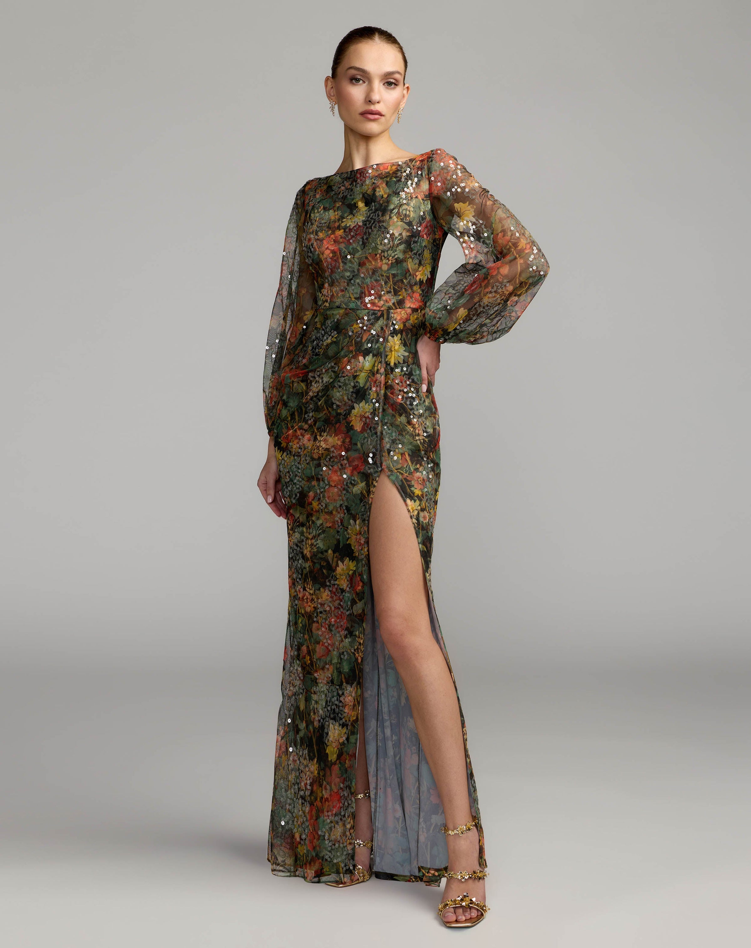 Mac Duggal 93547 charcoal multicolour floral sequined puff sleeve gown — front