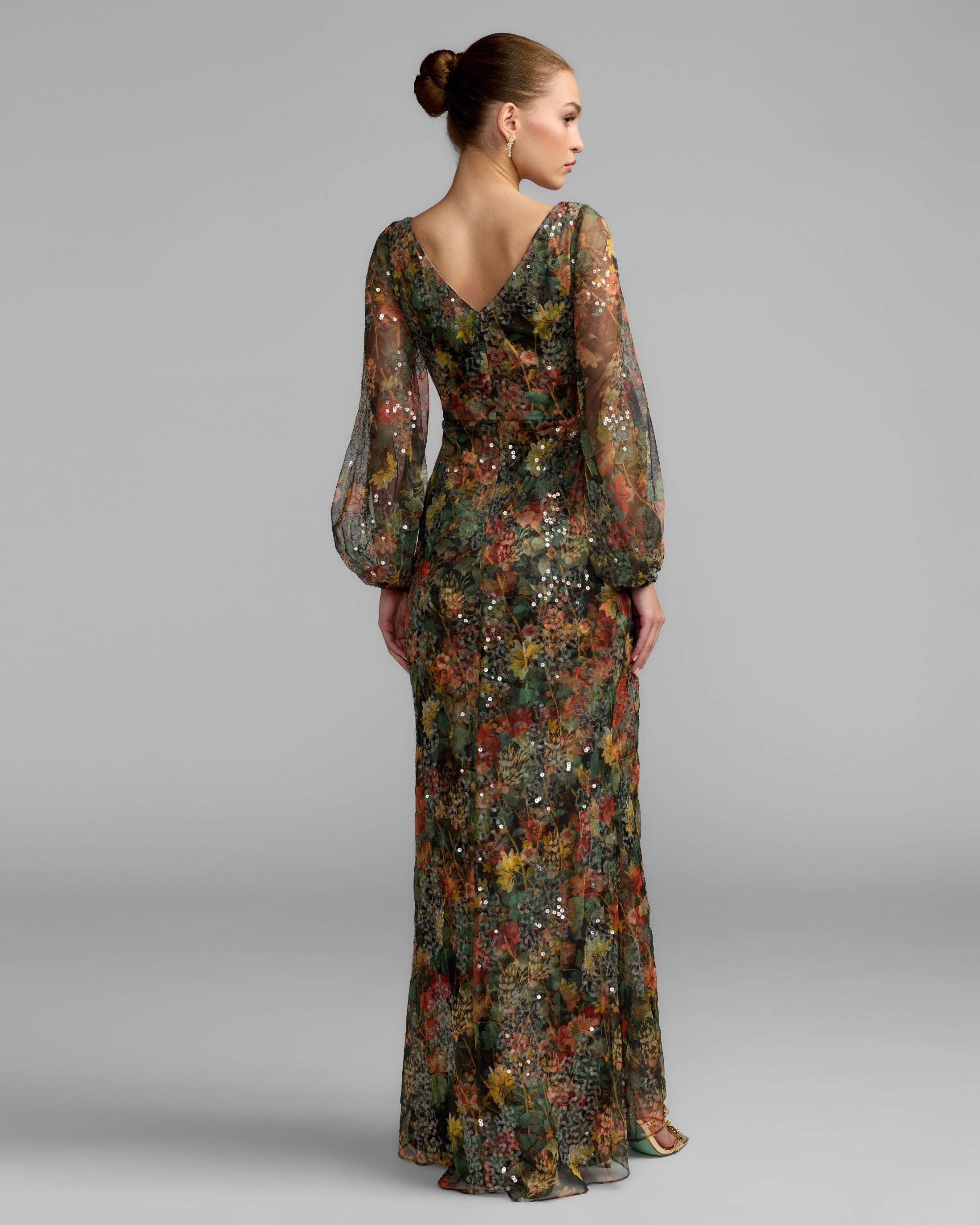 Black Multicolor Floral Sequined Puff Sleeve Gown