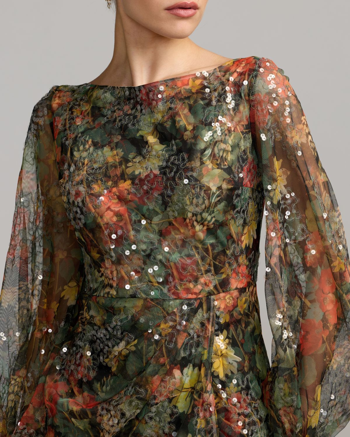 Black Multicolor Floral Sequined Puff Sleeve Gown