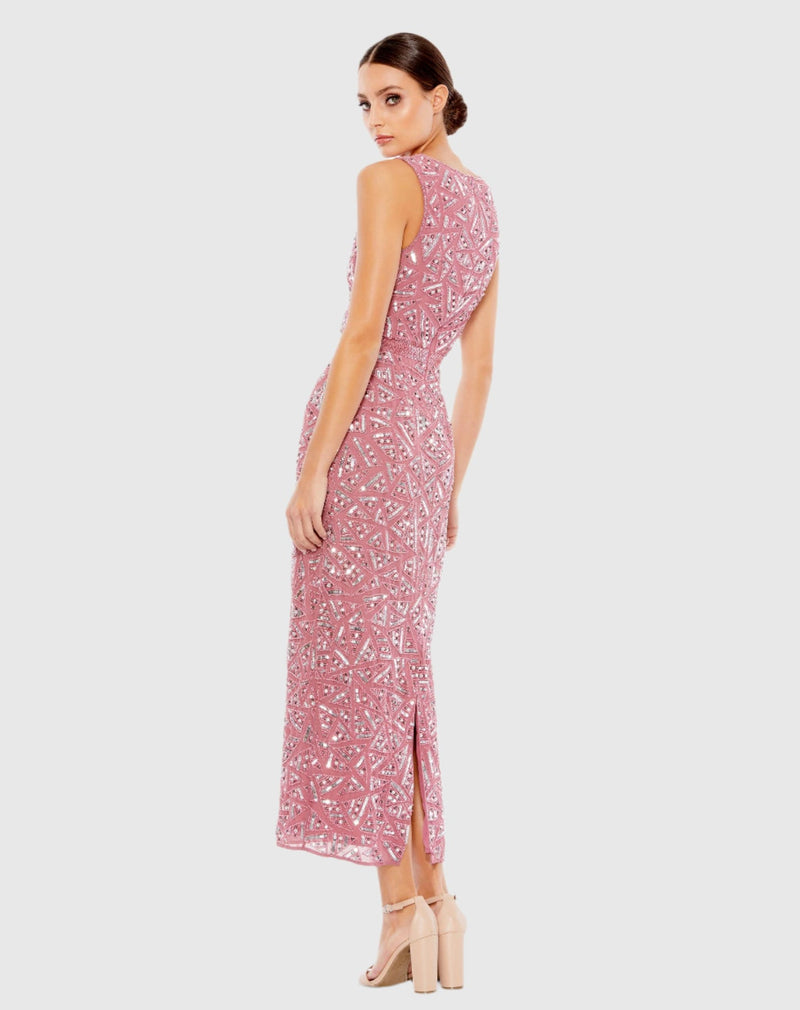 Geometric Patterned Sequin Midi Dress - Rosewood