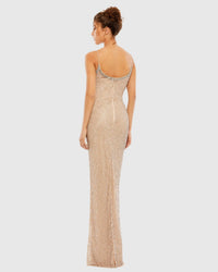 Beaded Spaghetti Column 90's Gown - Nude