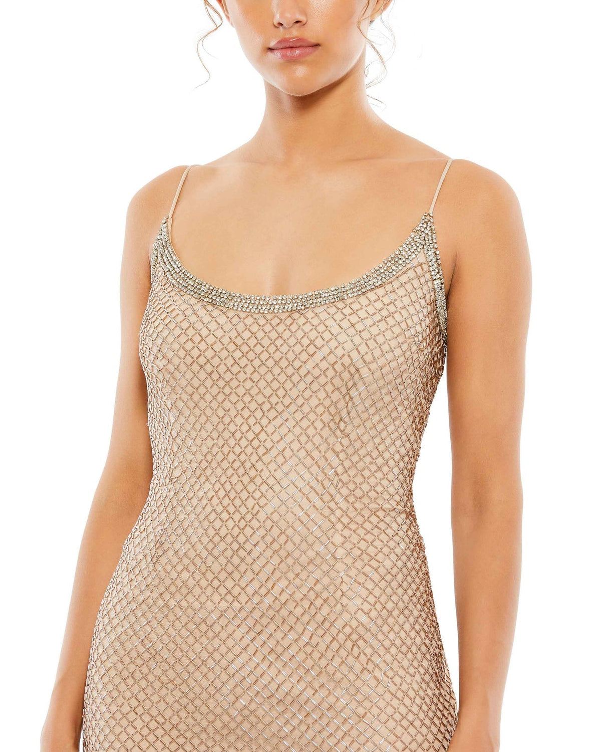 Mac Duggal, Beaded Spaghetti Column 90's Gown - nude, Style #93551 close up