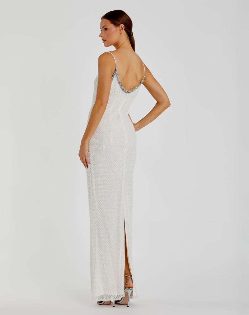 Beaded Spaghetti Column 90's Gown - White