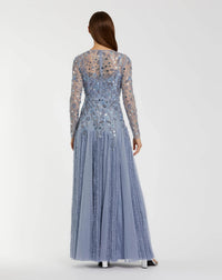 Mac Duggal #9357 slate blue embellished gown back