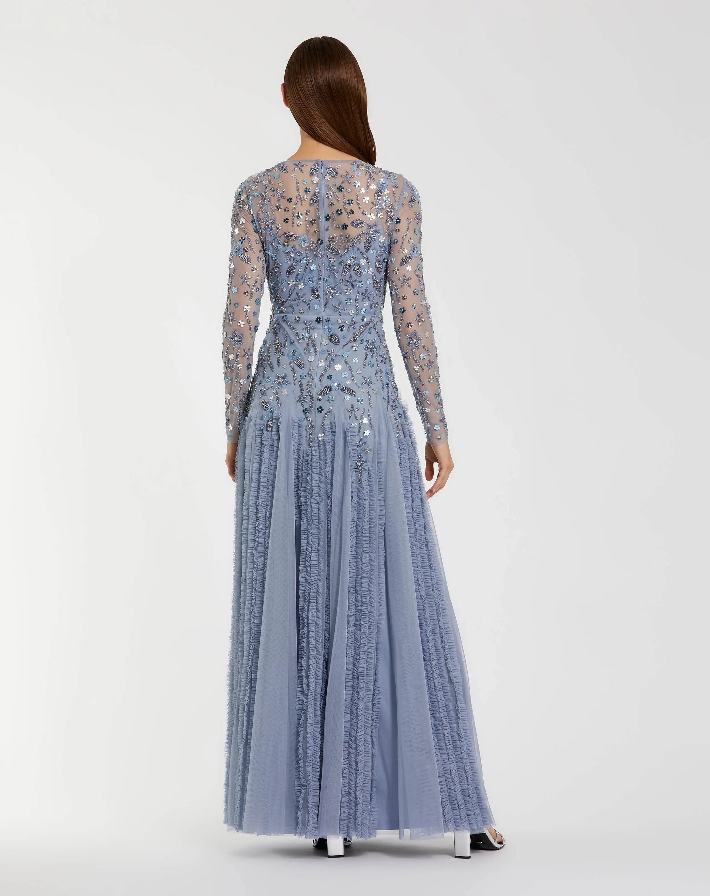 Mac Duggal #9357 slate blue embellished gown back