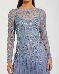 Mac Duggal #9357 slate blue embellished gown close up