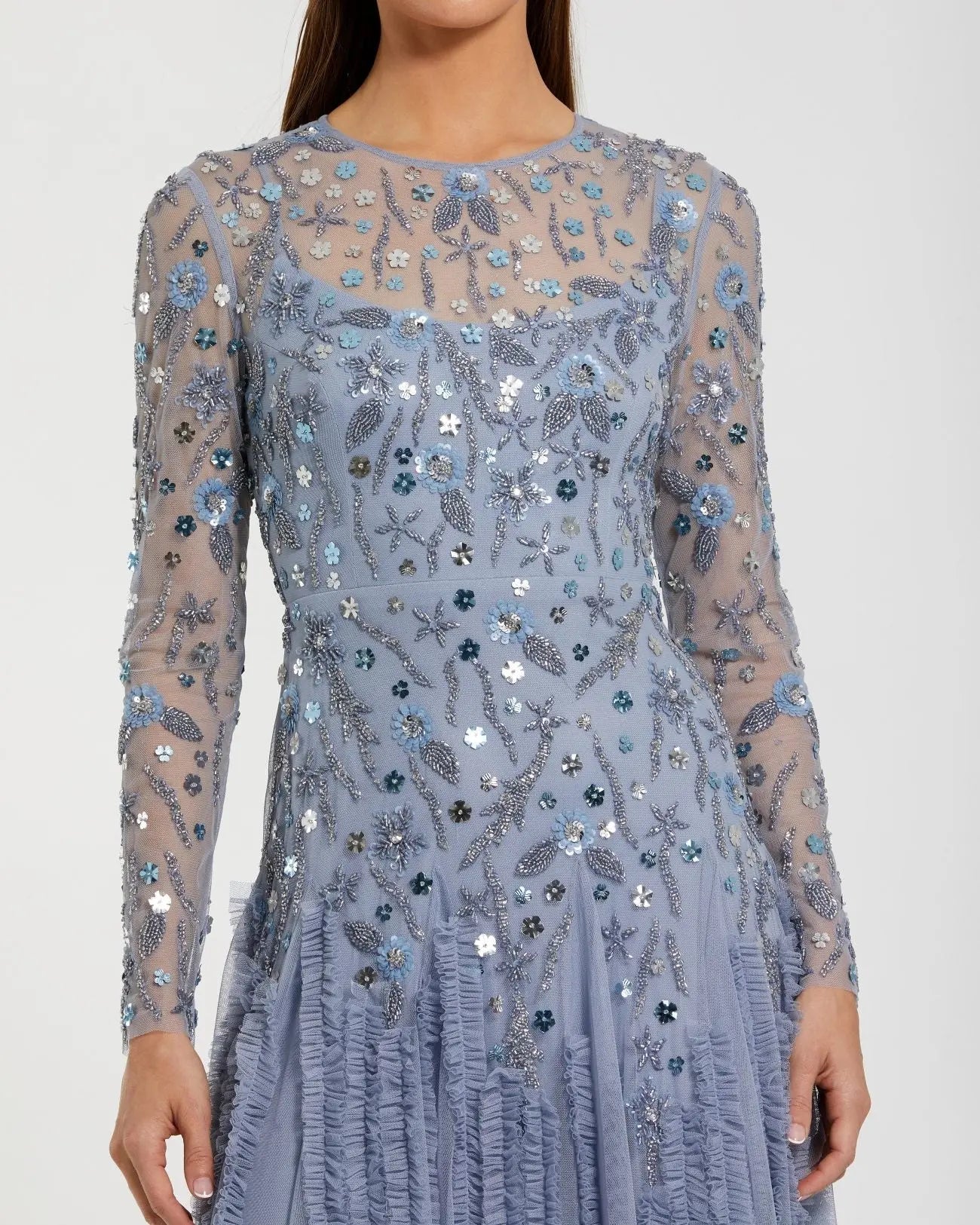 Mac Duggal #9357 slate blue embellished gown close up