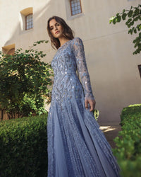 Mac Duggal #9357 slate blue embellished gown lifestyle alt