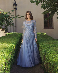 Mac Duggal #9357 slate blue embellished gown lifestyle