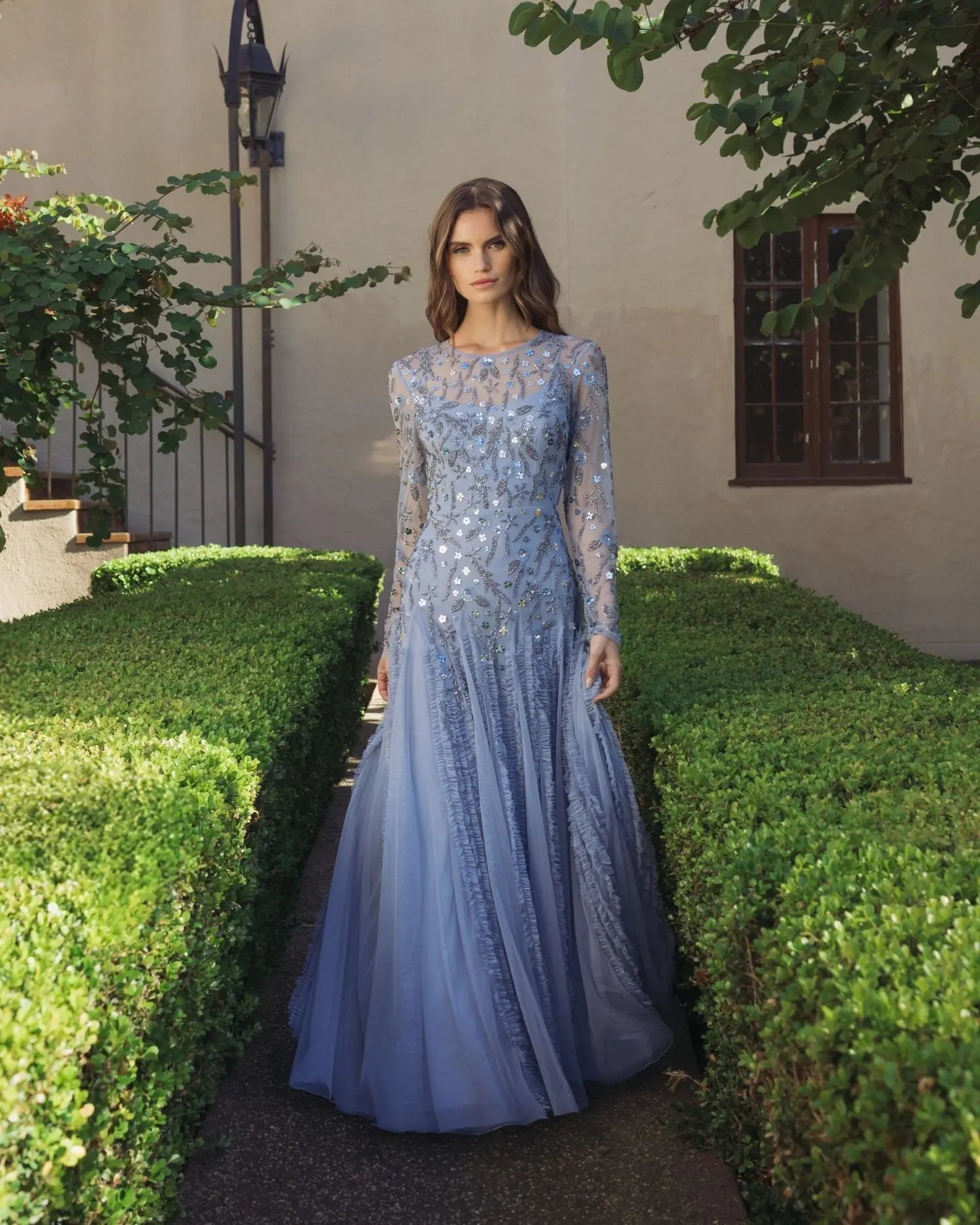 Mac Duggal #9357 slate blue embellished gown lifestyle