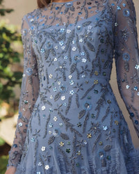 Mac Duggal #9357 slate blue embellished gown lifestyle detail