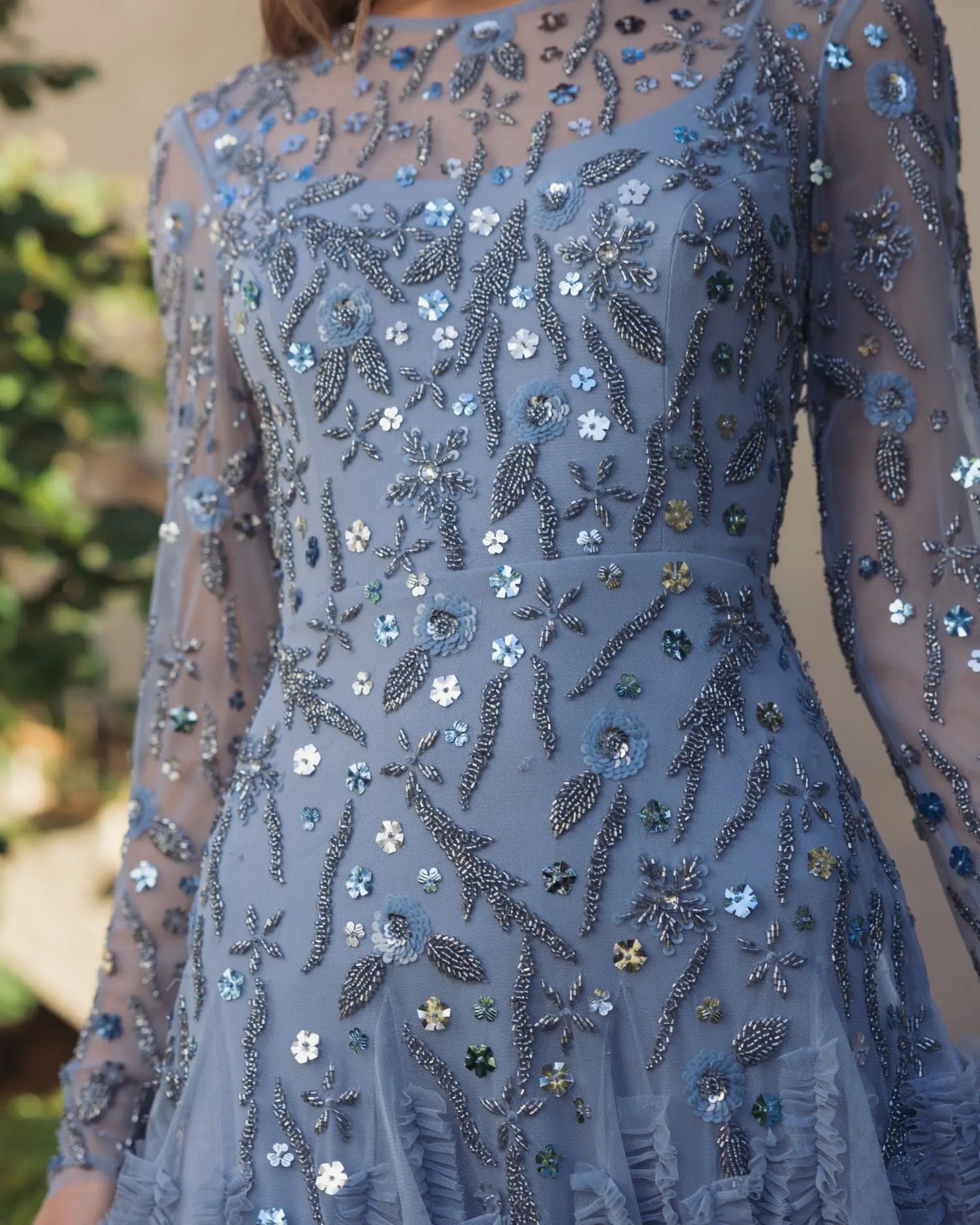 Mac Duggal #9357 slate blue embellished gown lifestyle detail