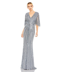 Mac Duggal #93583 Sequin V Neck Cape Gown - Slate Blue