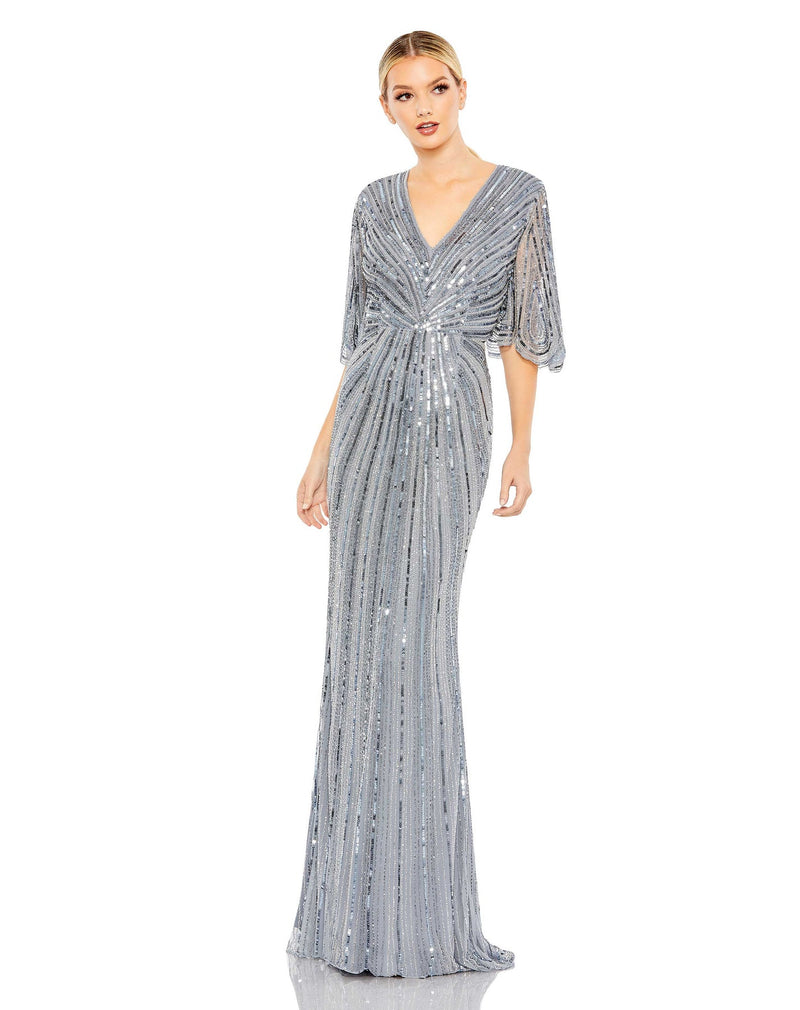 Mac Duggal #93583 Sequin V Neck Cape Gown - Slate Blue