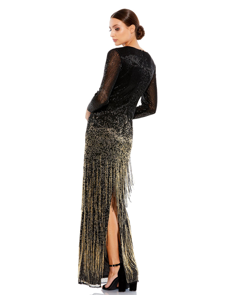 Mac Duggal Style #93584 Long sleeve beaded fringe modest evening dress - Black