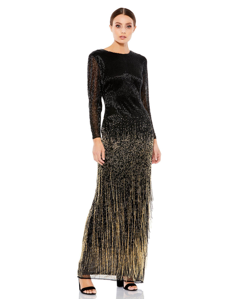 Mac Duggal Style #93584 Long sleeve beaded fringe evening dress - Black