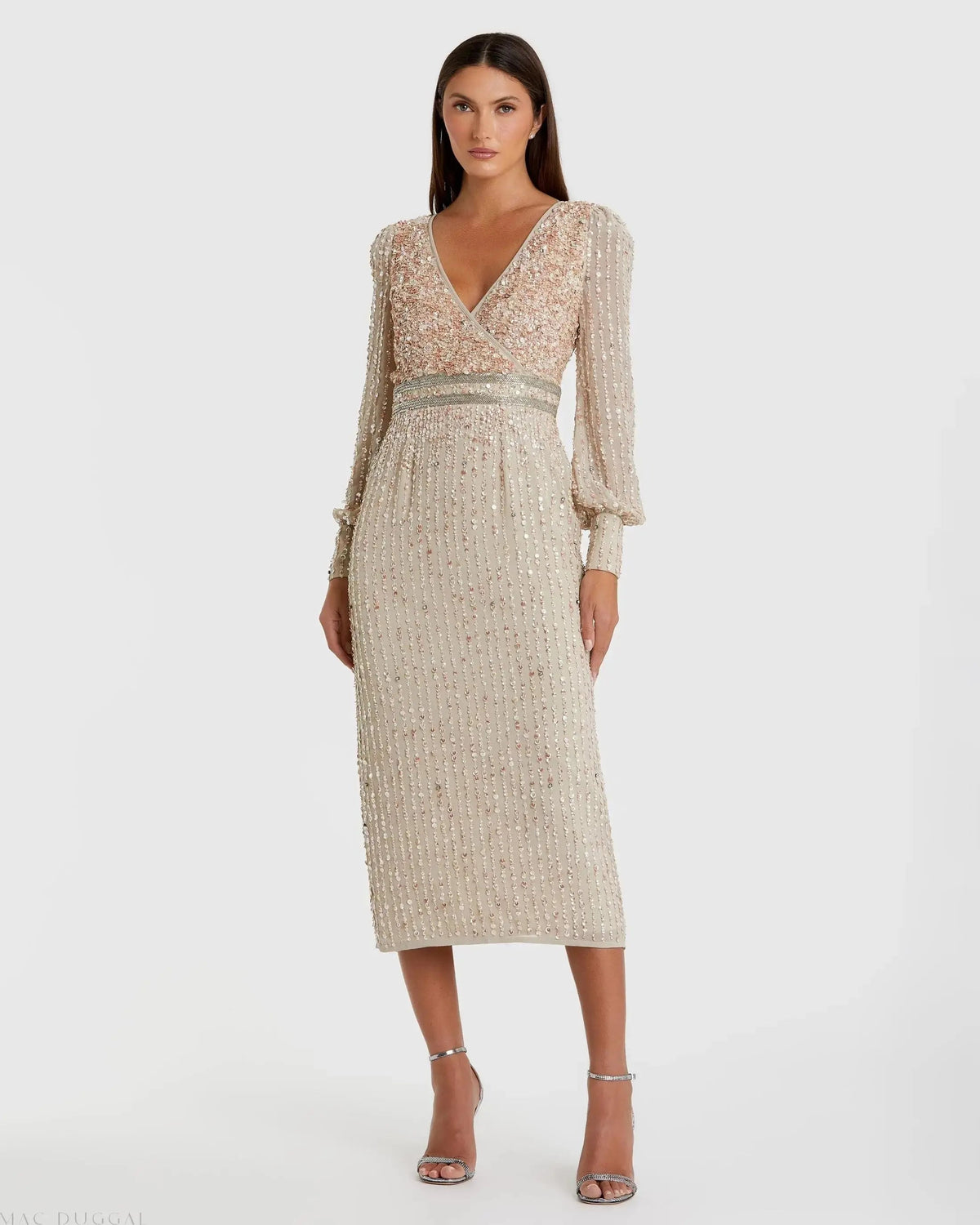 Mac Duggal 93593 Nude sequined V neck bishop sleeve dress - Front