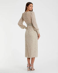 Mac Duggal 93593 Nude sequined V neck bishop sleeve dress - Back view