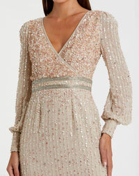 Mac Duggal 93593 Nude sequined V neck bishop sleeve dress - Close up detail