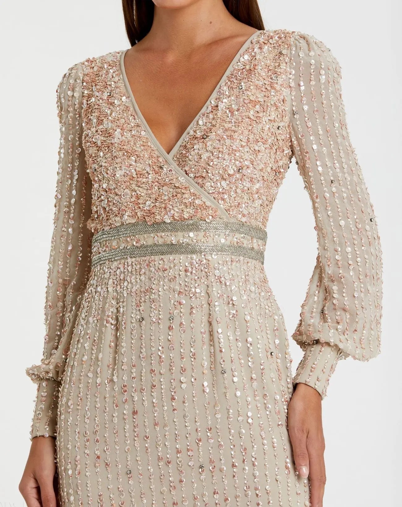 Mac Duggal 93593 Nude sequined V neck bishop sleeve dress - Close up detail